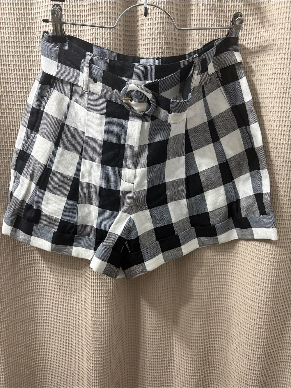 kate spade Black & White Plaid High-Waist Belted Shorts